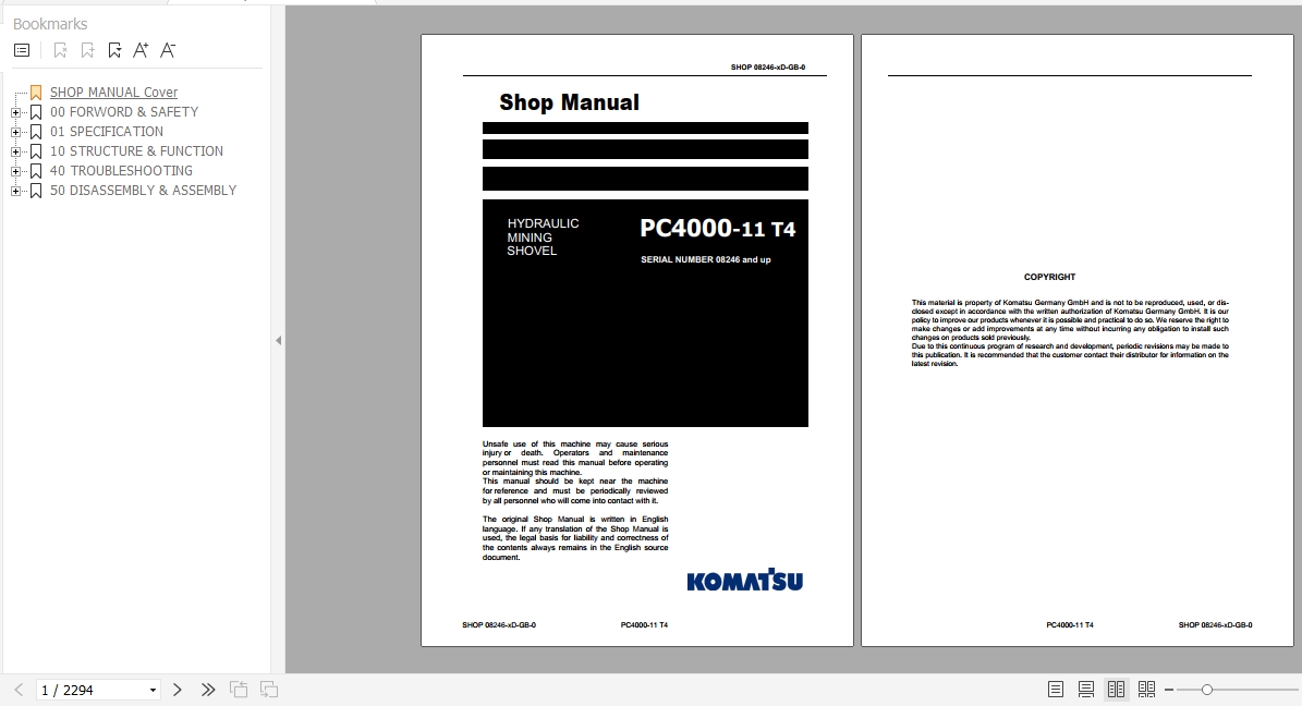 Komatsu Hydraulic Mining Shovel PC4000 11 T4 Shop Manual GZEBM08246 0