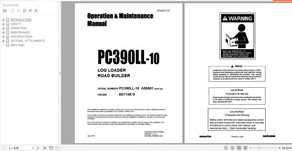 Komatsu Log Loader Road Builder PC390LL 10 Opeartion Maintenance Manual CEAM027103 2016