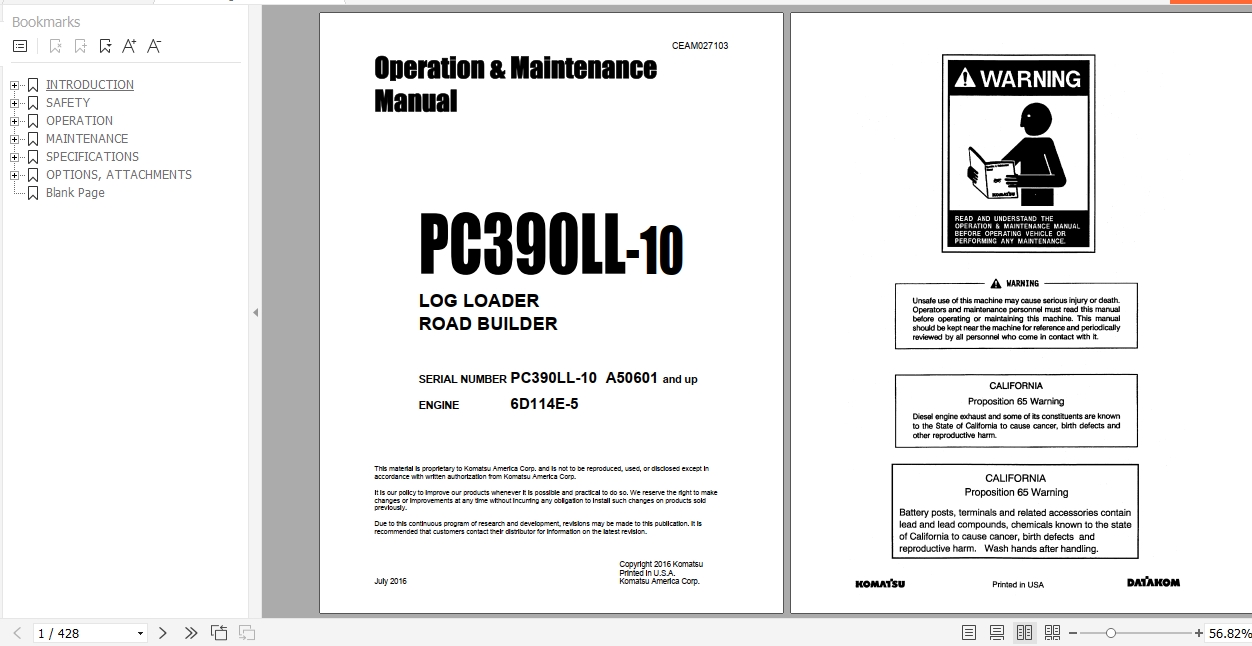 Komatsu Log Loader Road Builder PC390LL 10 Opeartion Maintenance Manual CEAM027103 2016