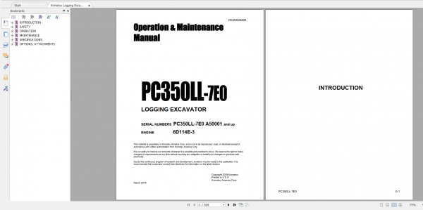 Komatsu Logging Excavator PC350LL 7E0 Opeartion Maintenance Manual CEAM024602 2016