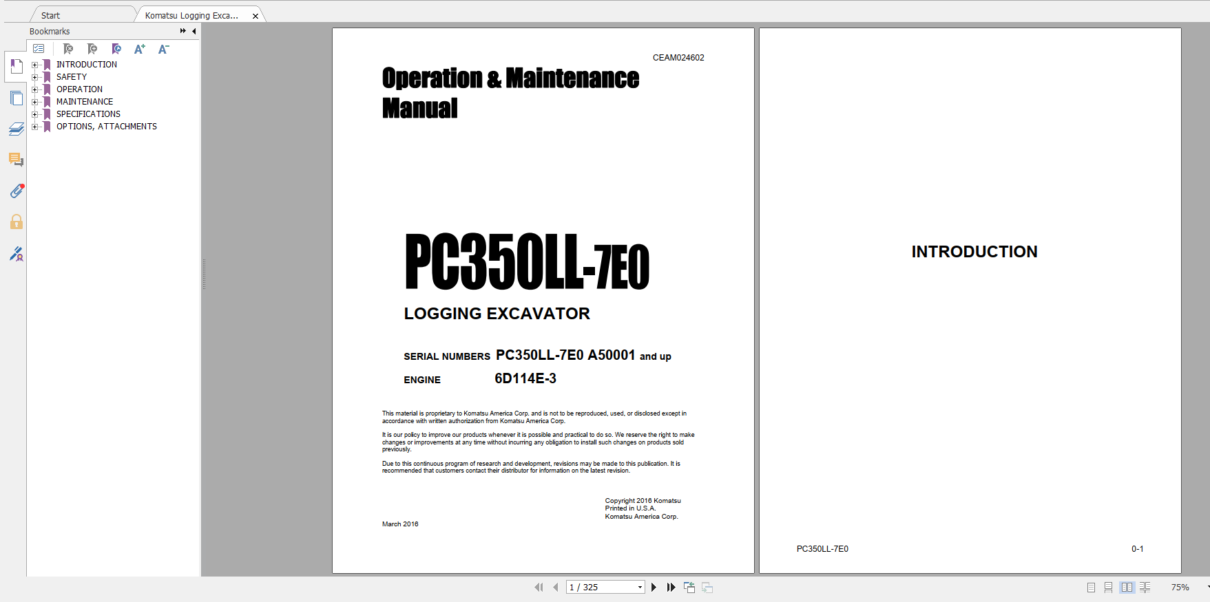Komatsu Logging Excavator PC350LL 7E0 Opeartion Maintenance Manual CEAM024602 2016