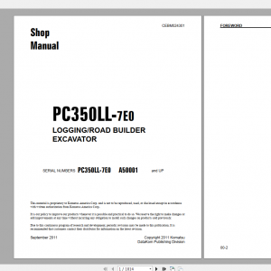 Komatsu Logging Road Builer Excavator PC350LL 7E0 Shop Manual CEBM024301 2011 1