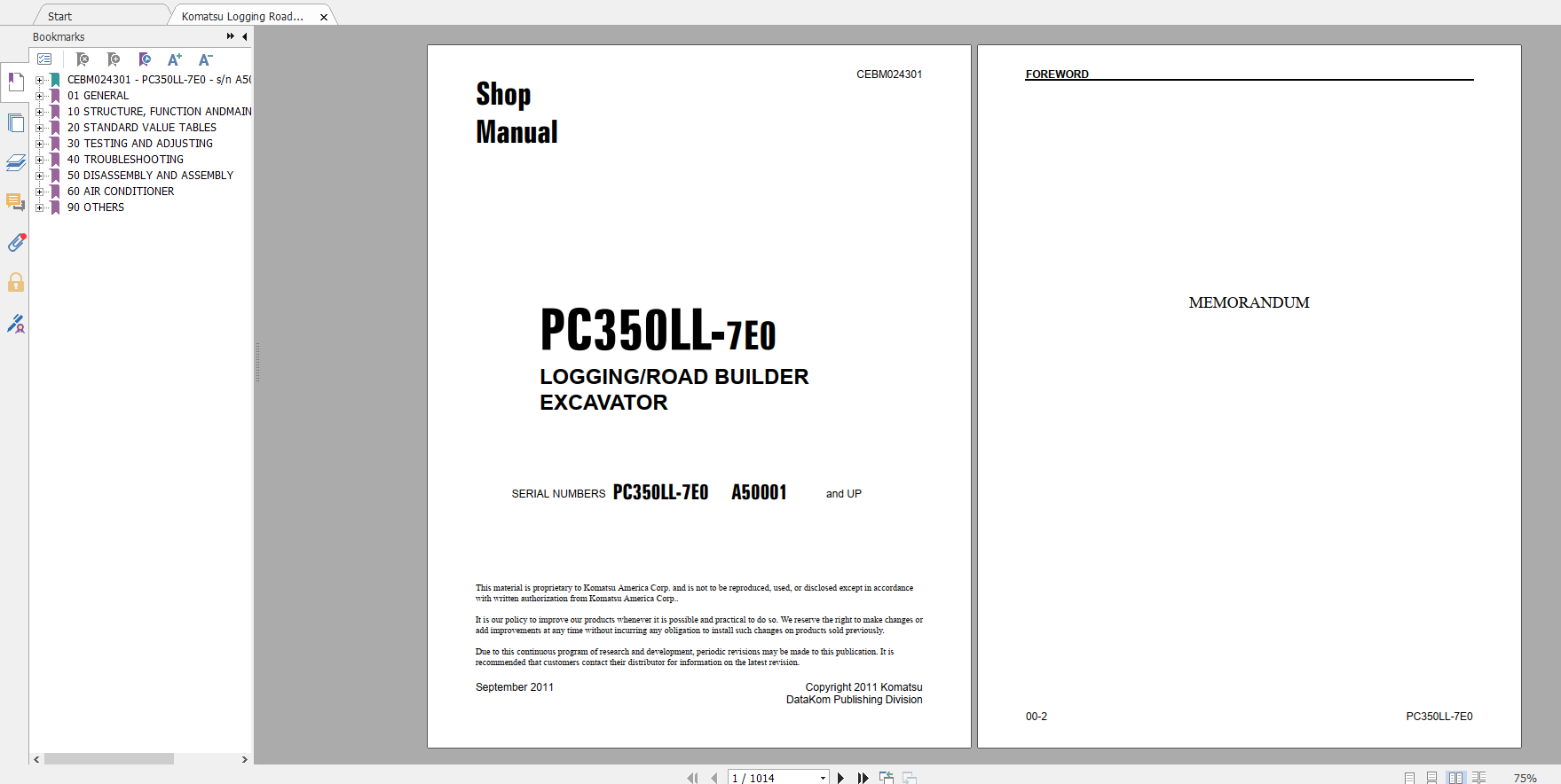 Komatsu Logging Road Builer Excavator PC350LL 7E0 Shop Manual CEBM024301 2011 1