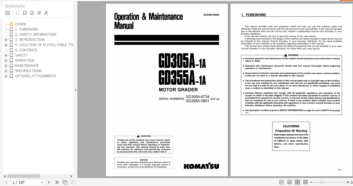 Komatsu Motor Grader GD305A 1A GD355A 1A Operation Maintenance Manual SEAM019000 1997