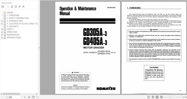 Komatsu Motor Grader GD305A 3 GD405A 3 Operation Maintenance Manual SEAM034000 1999