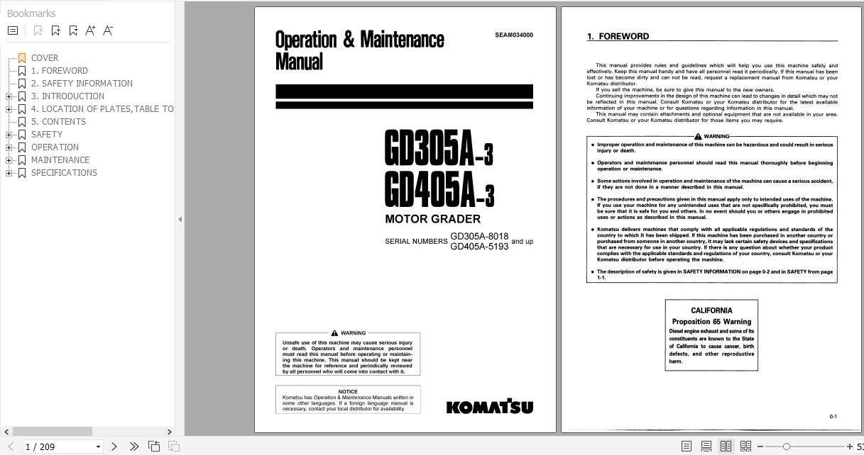 Komatsu Motor Grader GD305A 3 GD405A 3 Operation Maintenance Manual SEAM034000 1999