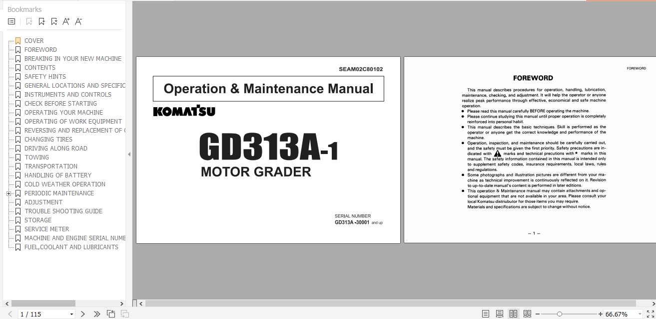 Komatsu Motor Grader GD313A 1 Operation Maintenance Manual SEAM02C80102