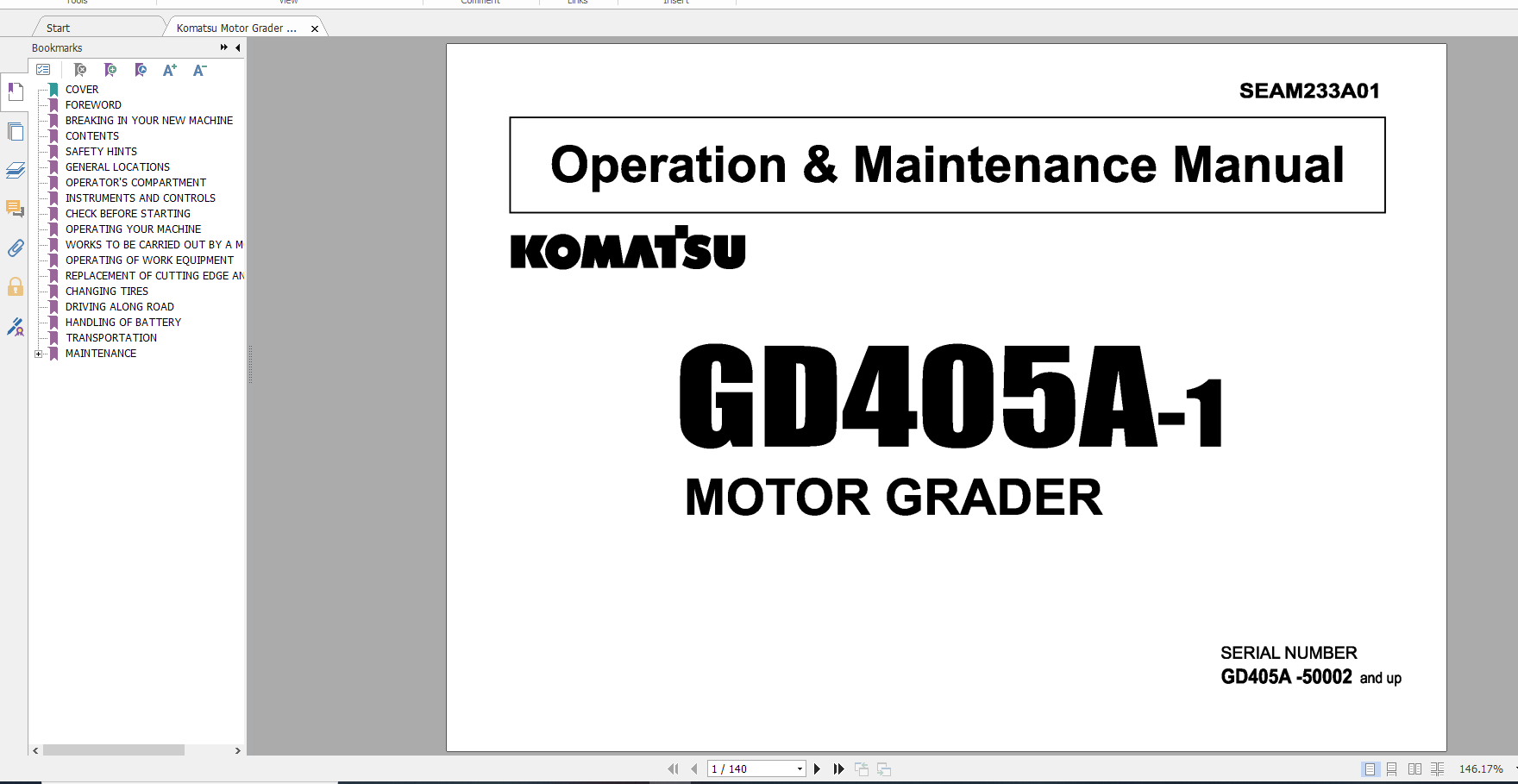 Komatsu Motor Grader GD405A 1 Operation Maintenance Manual SEAM233A01