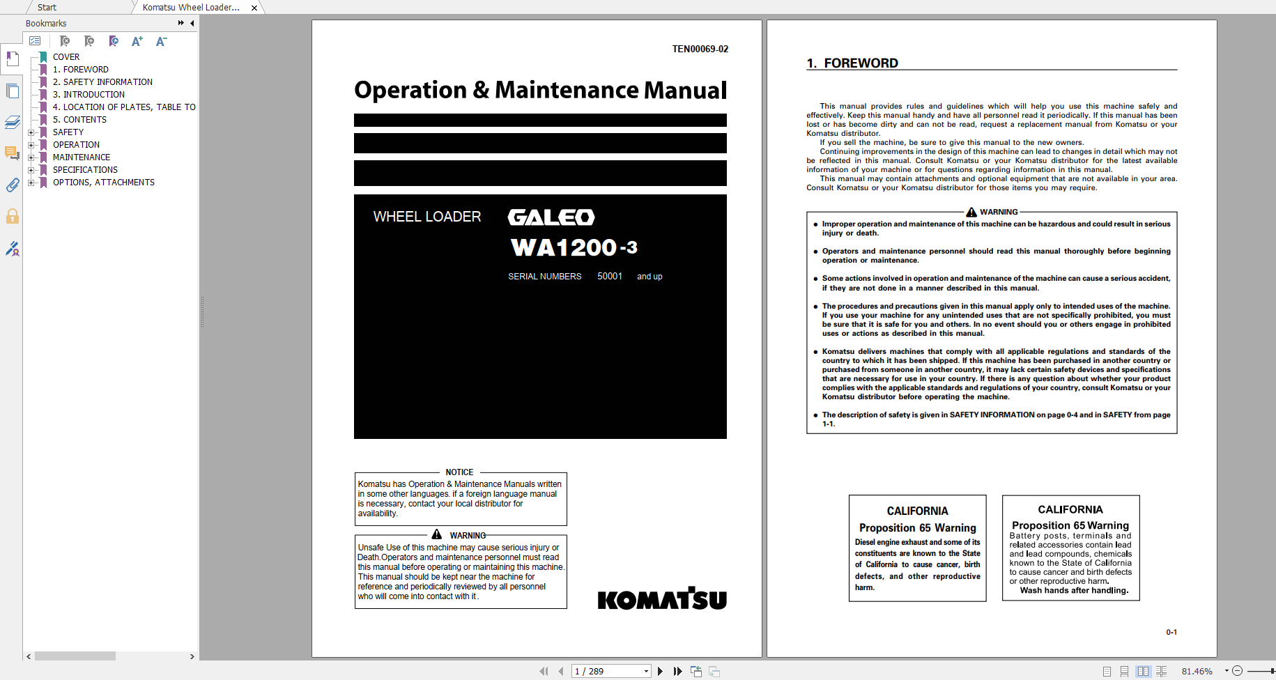 Komatsu Wheel Loader GALEO WA1200 3 Operation Maintenance Manual TEN00069 02 2007