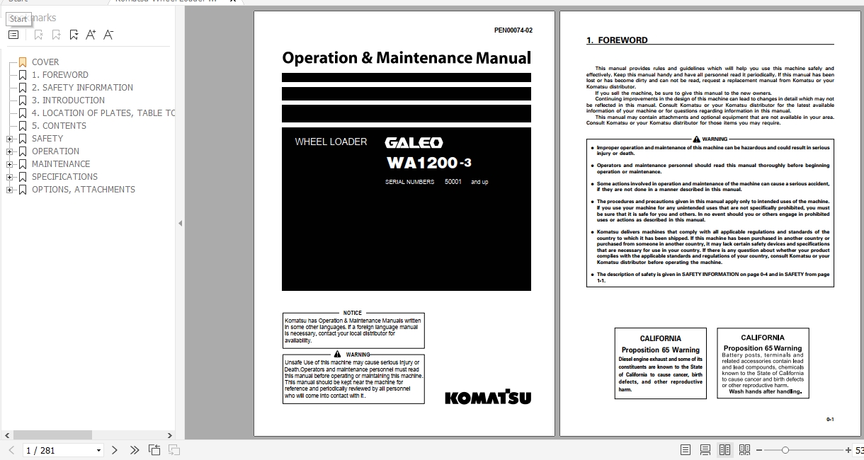 Komatsu Wheel Loader Galeo WA1200 3 Operation Maintenance Manual PEN00074 02 2007