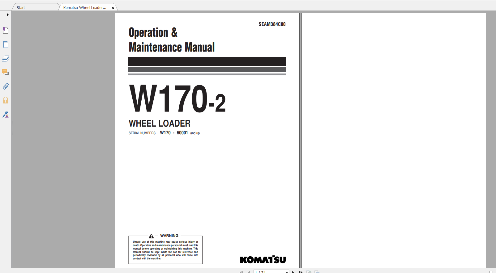 Komatsu Wheel Loader W170 2 Operation Maintenance Manual SEAM384C00