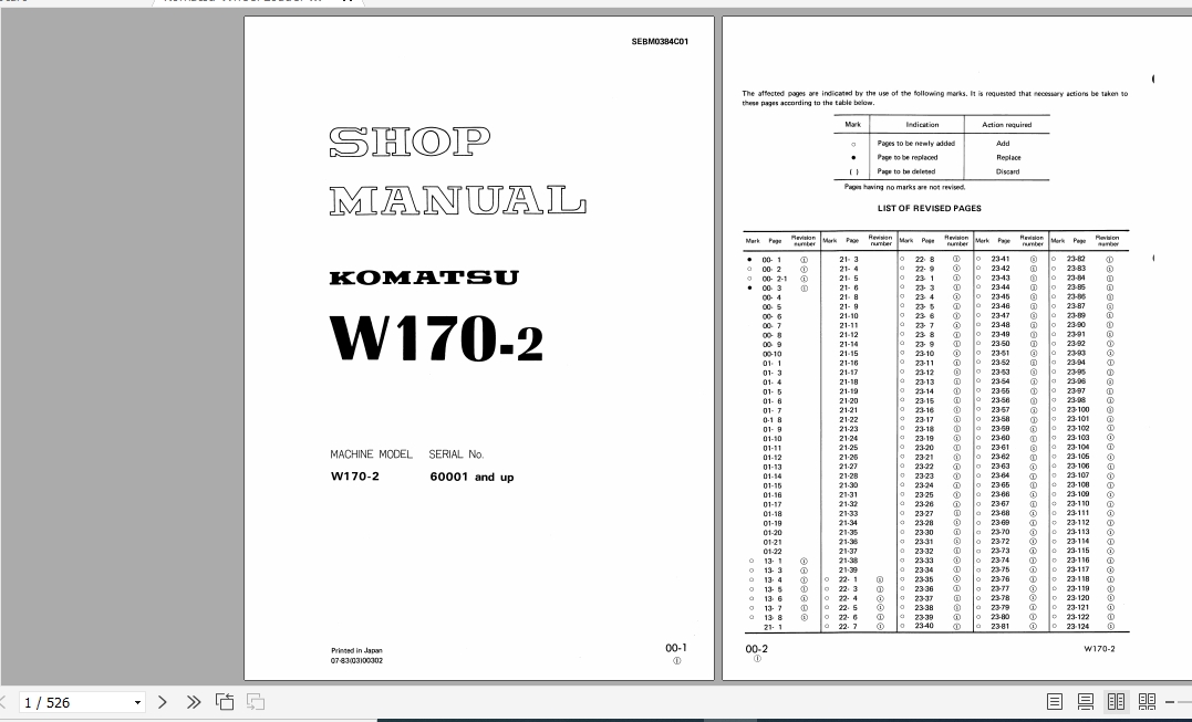 Komatsu Wheel Loader W170 2 Shop Manual SEBM0384C01
