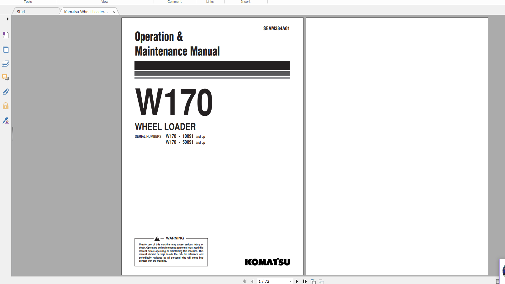 Komatsu Wheel Loader W170 Operation Maintenance Manual SEAM384A01