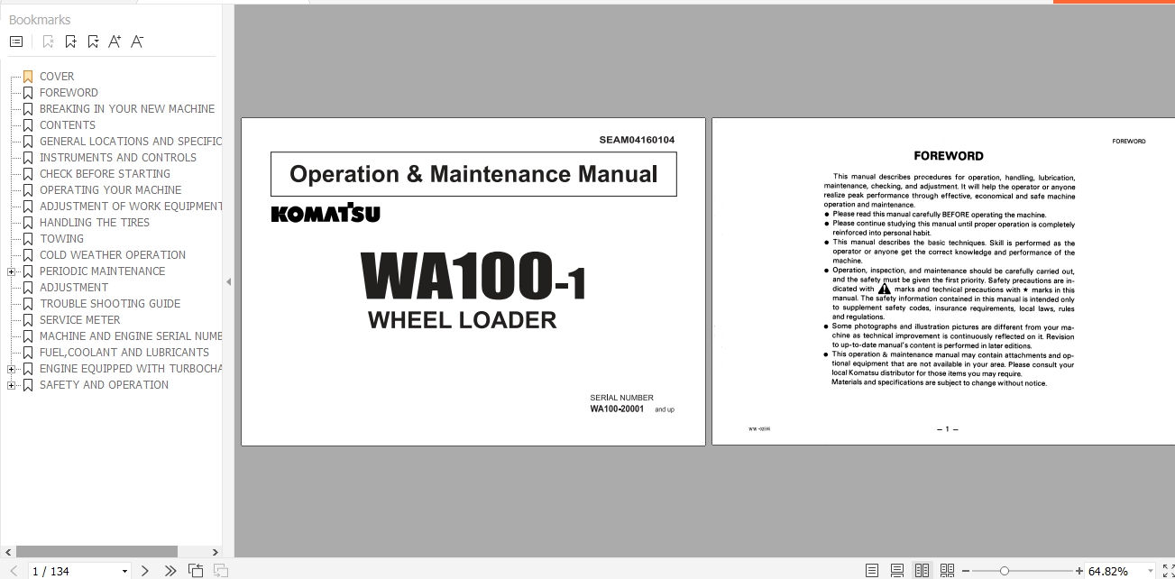 Komatsu Wheel Loader WA100 1 Operation Maintenance Manual SEAM04160104