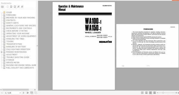 Komatsu Wheel Loader WA100 1 WA150 1 Operation Maintenance Manual SEAM04160101