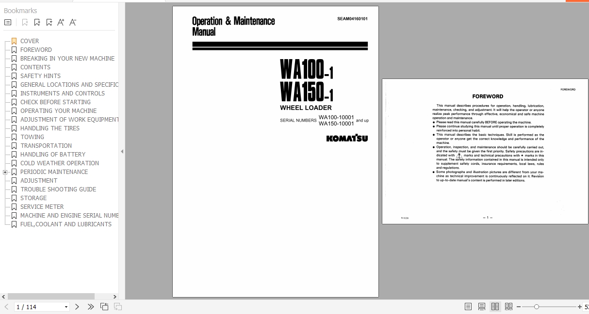 Komatsu Wheel Loader WA100 1 WA150 1 Operation Maintenance Manual SEAM04160101