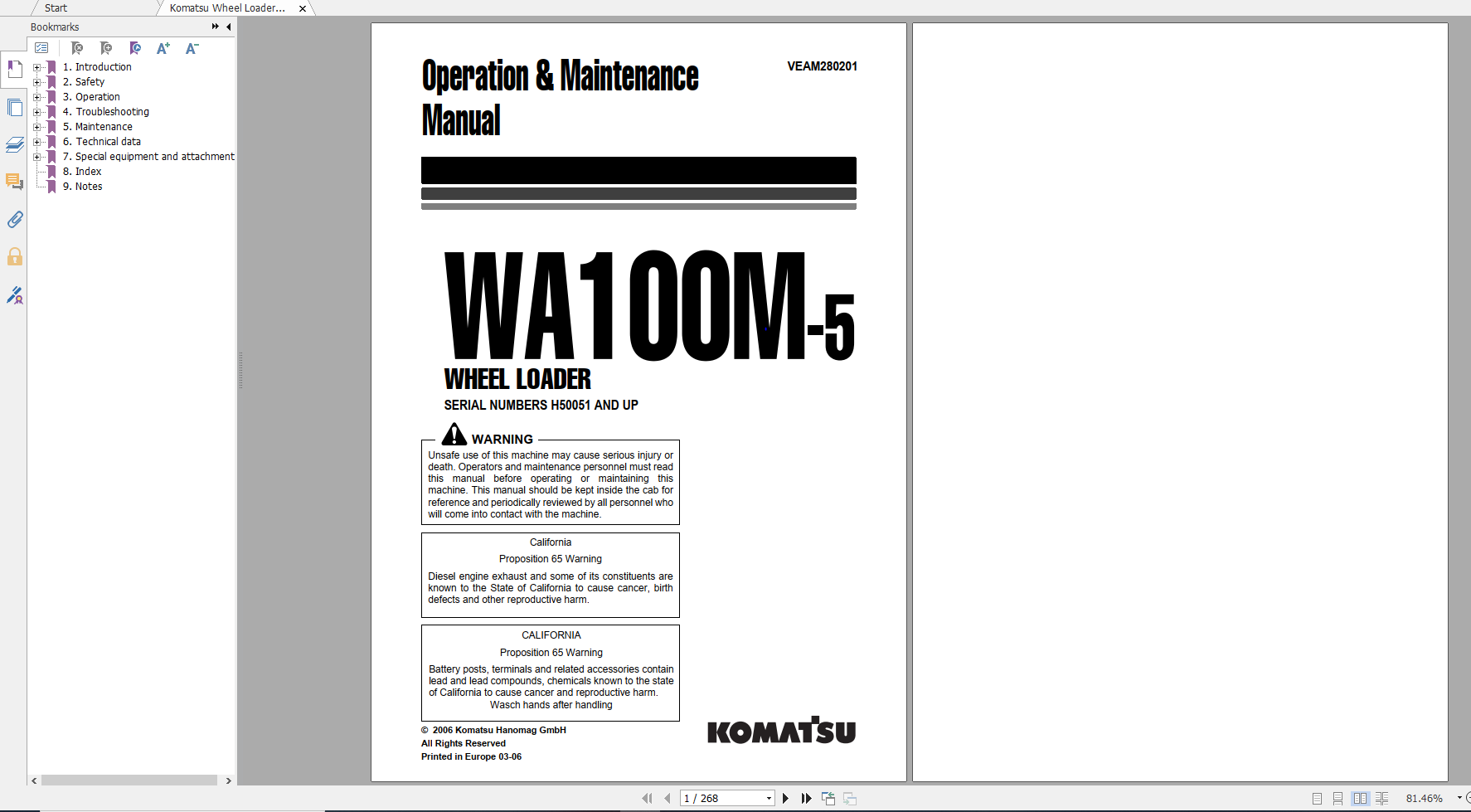 Komatsu Wheel Loader WA100M 5 Operation Maintenance Manual VEAM280201 2006