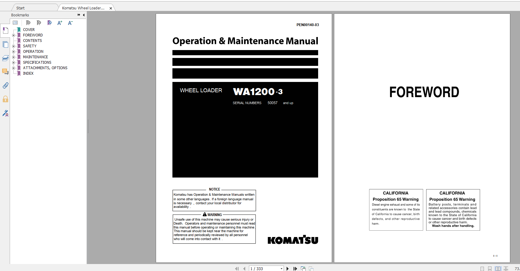 Komatsu Wheel Loader WA1200 3 Operation Maintenance Manual PEN00140 03 2007