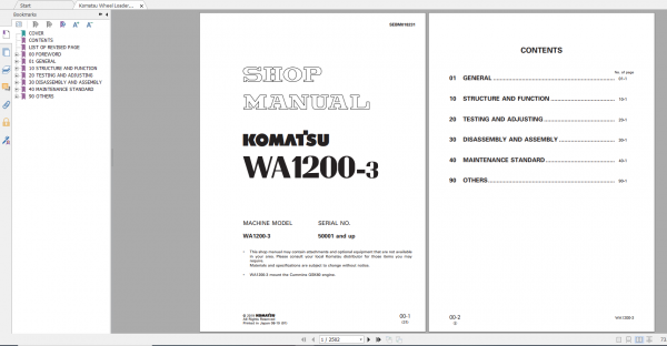 Komatsu Wheel Loader WA1200 3 Shop Manual SEBM018231 2019