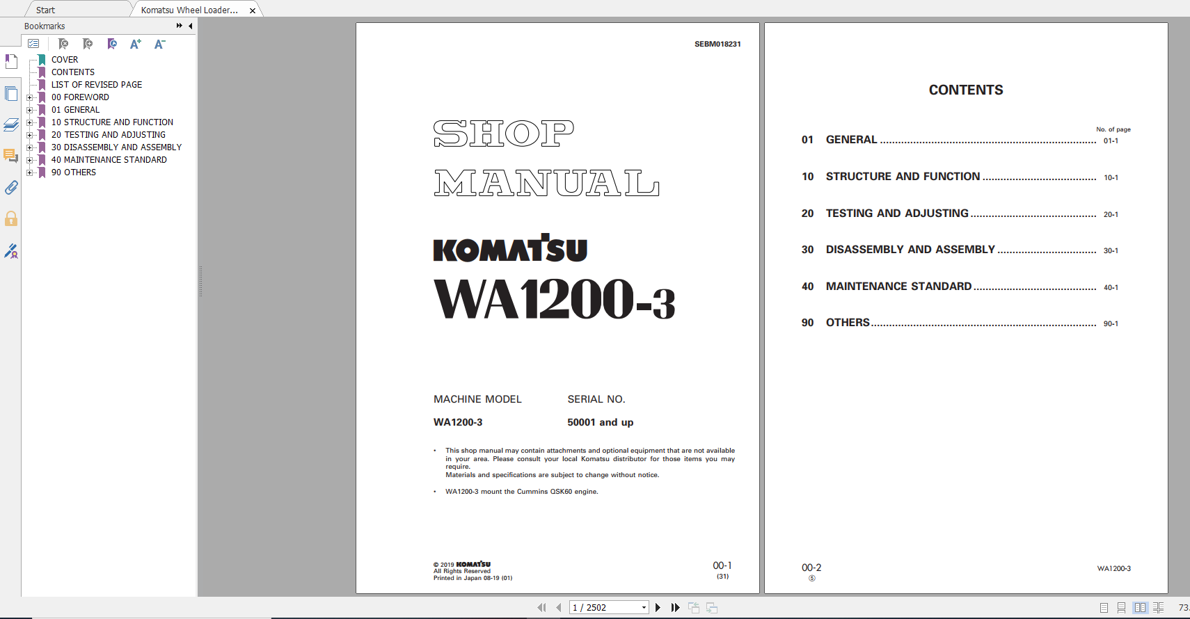 Komatsu Wheel Loader WA1200 3 Shop Manual SEBM018231 2019