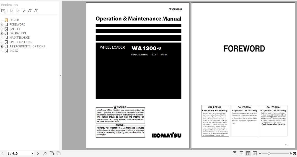Komatsu Wheel Loader WA1200 6 Operation Maintenance Manual PEN00549 09 2019