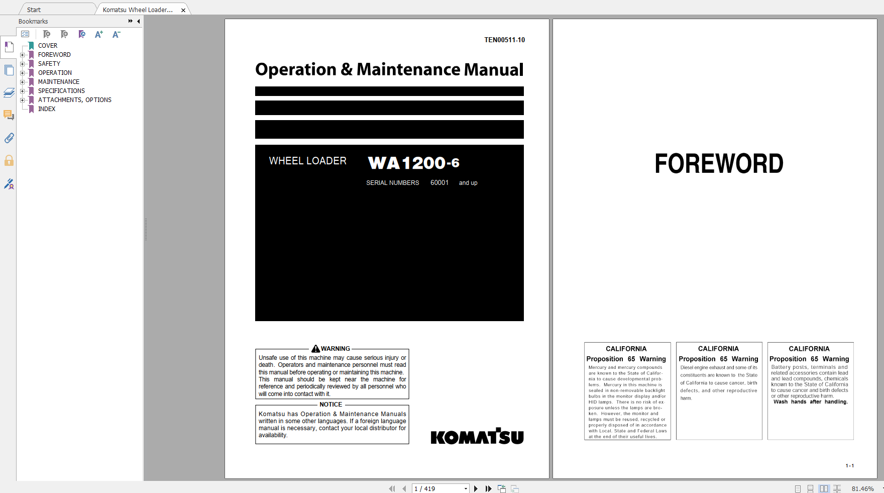 Komatsu Wheel Loader WA1200 6 Operation Maintenance Manual TEN00511 10 2019