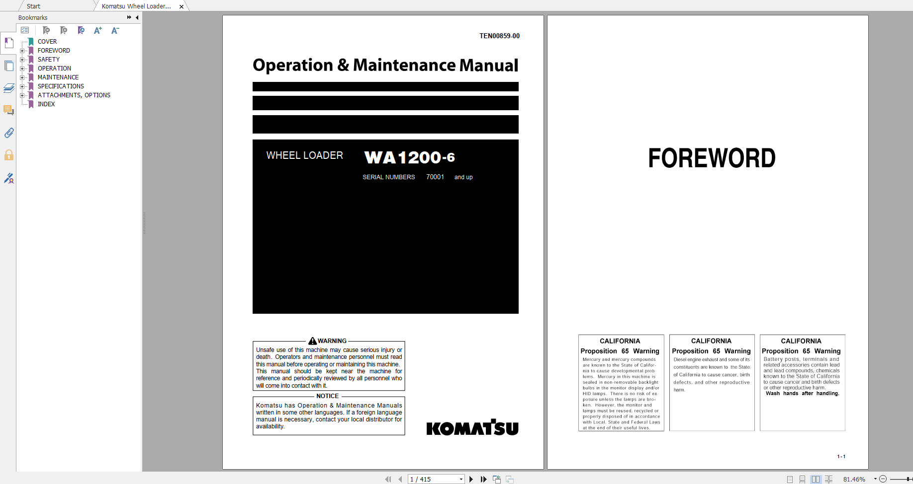 Komatsu Wheel Loader WA1200 6 Operation Maintenance Manual TEN00859 00 2019
