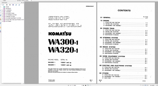 Komatsu Wheel Loader WA300 1 WA320 1 Shop Manual SEBM04190107 1988