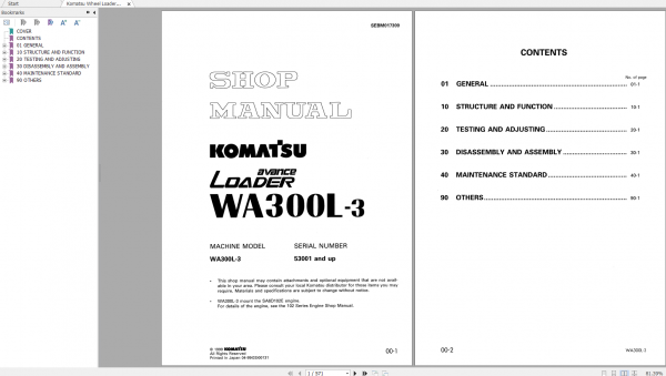 Komatsu Wheel Loader WA300L 3 Shop Manual SEBM017300 1999