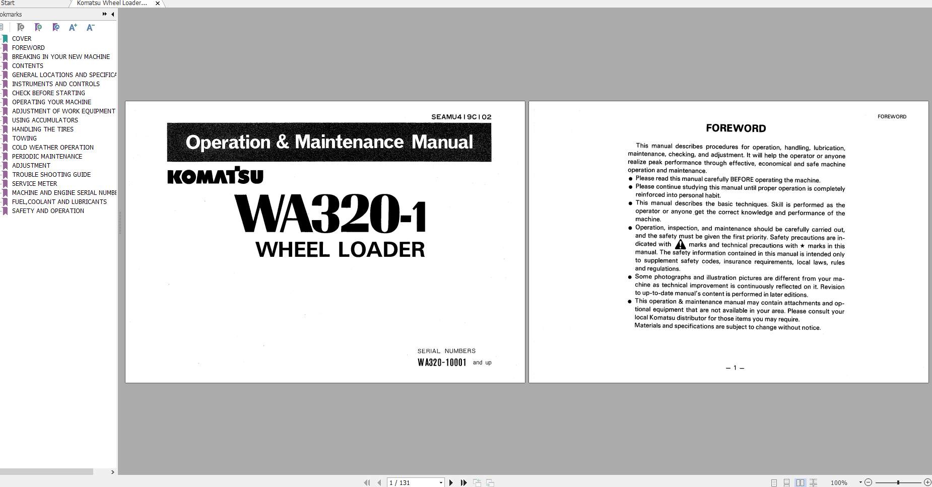 Komatsu Wheel Loader WA320 1 Operation Maintenance Manual SEAMU419C102