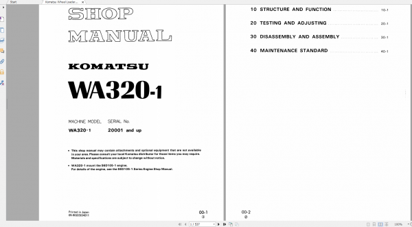Komatsu Wheel Loader WA320 1 Shop Manual SEBMU4190103 1509 1990