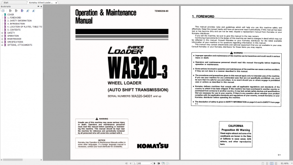 Komatsu Wheel Loader WA320 3 Auto Shift Transmission Operation Maintenance Manual TEN00256 00 2007