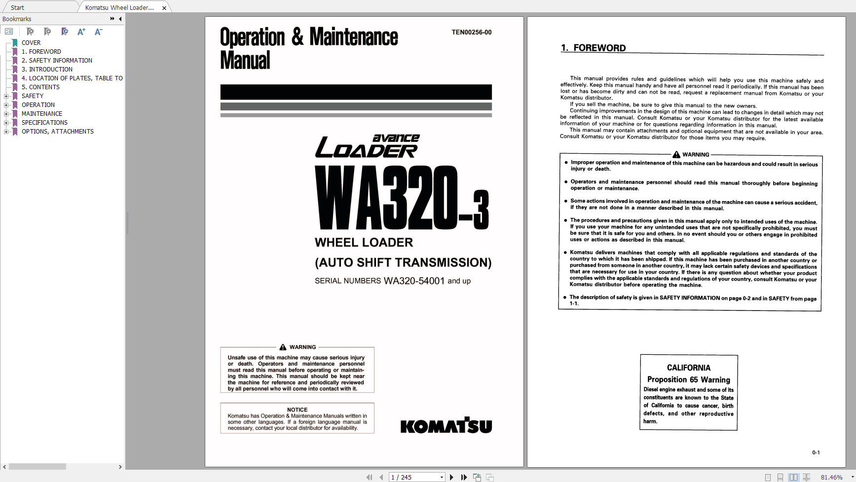 Komatsu Wheel Loader WA320 3 Auto Shift Transmission Operation Maintenance Manual TEN00256 00 2007