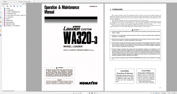 Komatsu Wheel Loader WA320 3 Operation Maintenance Manual PEN00222 01 2007