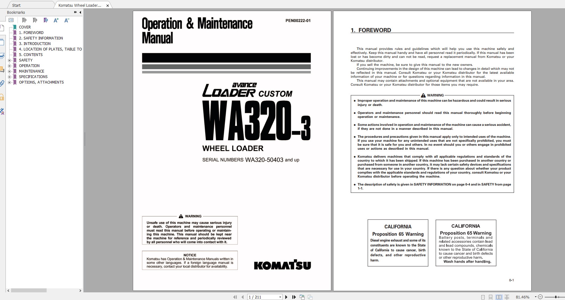 Komatsu Wheel Loader WA320 3 Operation Maintenance Manual PEN00222 01 2007