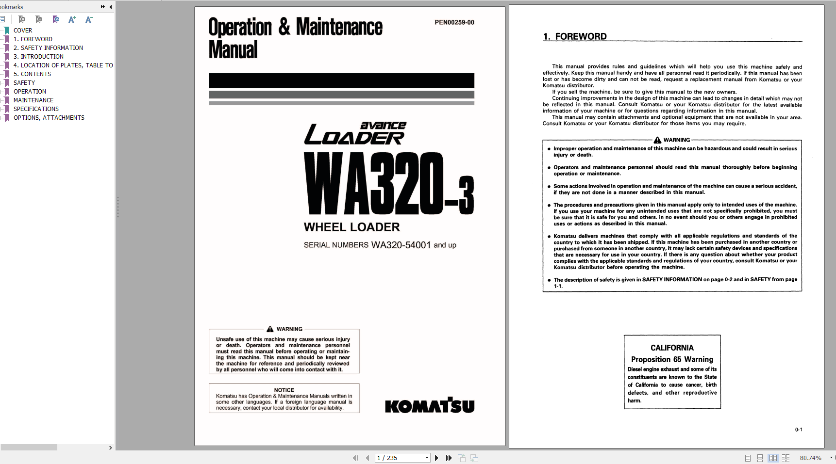 Komatsu Wheel Loader WA320 3 Operation Maintenance Manual PEN00259 00 2007