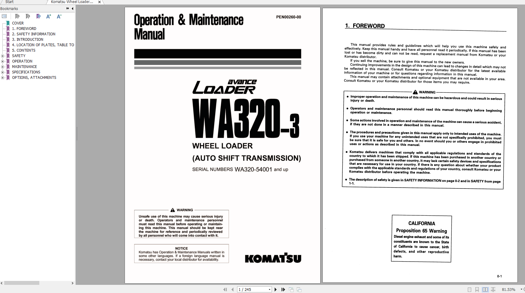Komatsu Wheel Loader WA320 3 Operation Maintenance Manual PEN00260 00 2007
