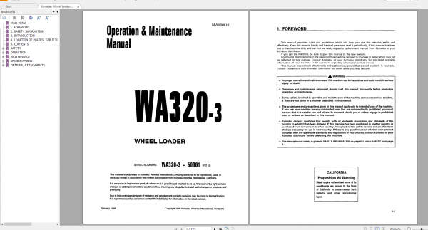 Komatsu Wheel Loader WA320 3 Operation Maintenance Manual SEAM006101 1998