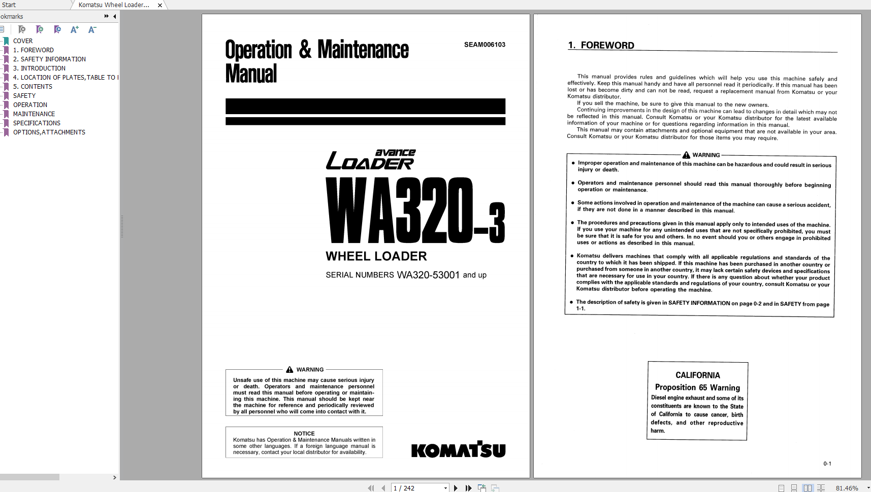 Komatsu Wheel Loader WA320 3 Operation Maintenance Manual SEAM006103 1998