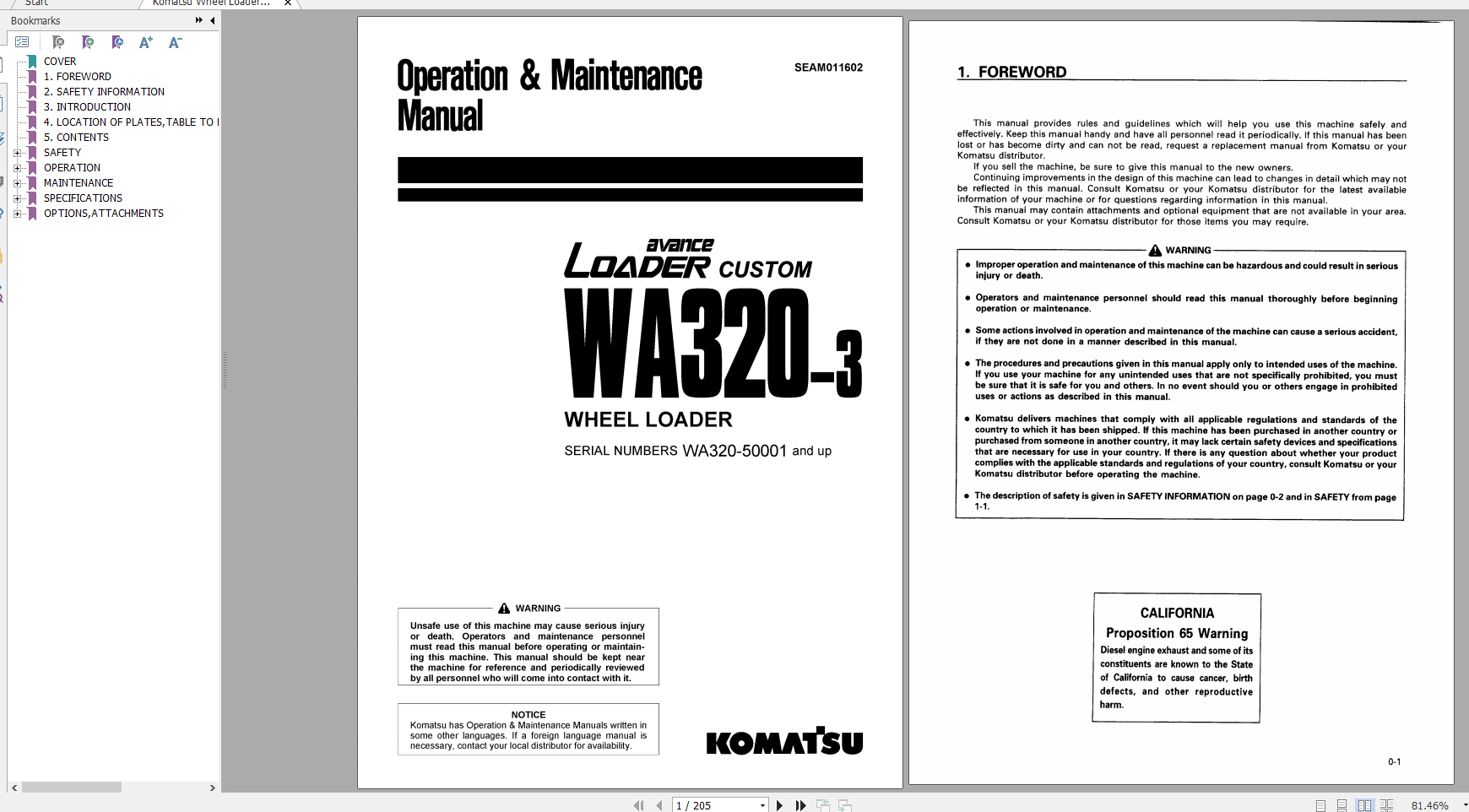Komatsu Wheel Loader WA320 3 Operation Maintenance Manual SEAM011602 1998