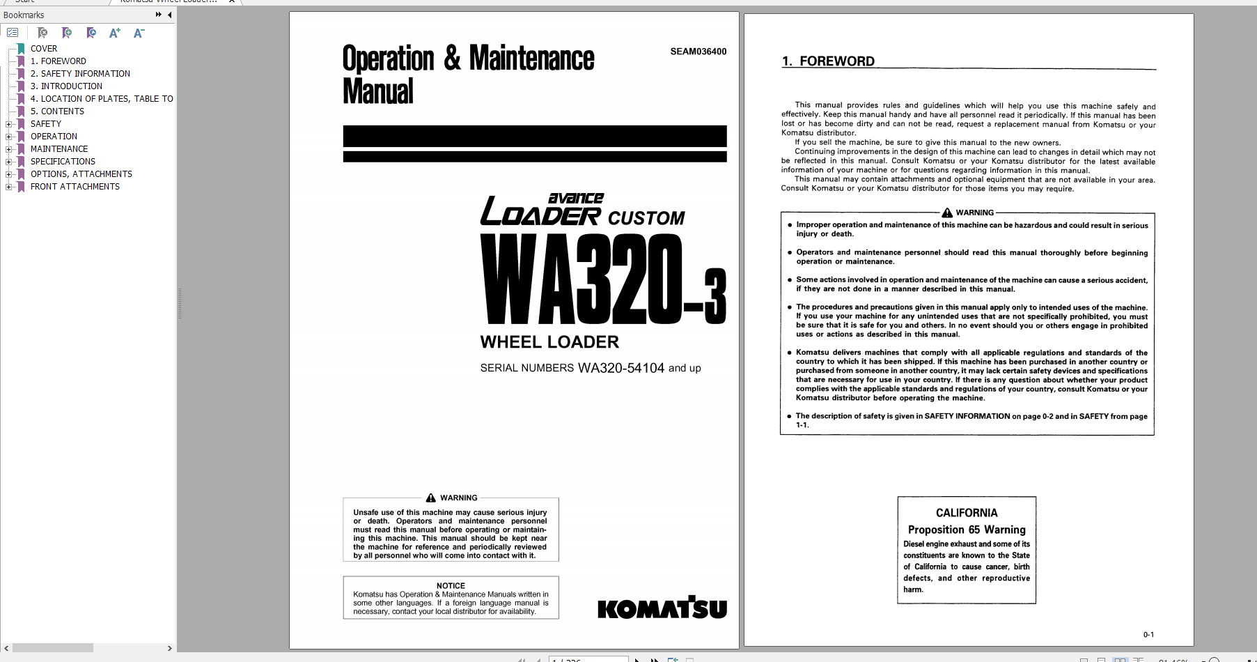 Komatsu Wheel Loader WA320 3 Operation Maintenance Manual SEAM036400 1999