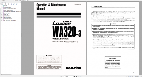 Komatsu Wheel Loader WA320 3 Operation Maintenance Manual TEN00255 00 2007