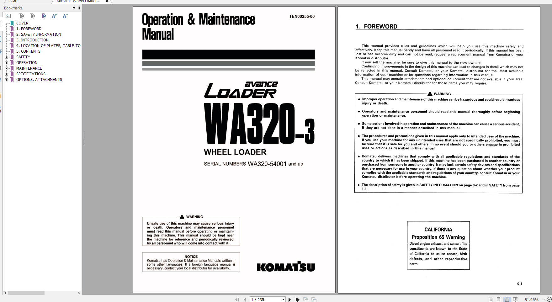 Komatsu Wheel Loader WA320 3 Operation Maintenance Manual TEN00255 00 2007