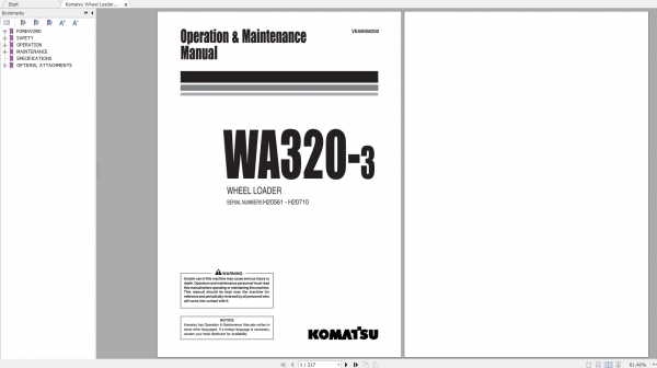 Komatsu Wheel Loader WA320 3 Operation Maintenance Manual VEAM450200 1999