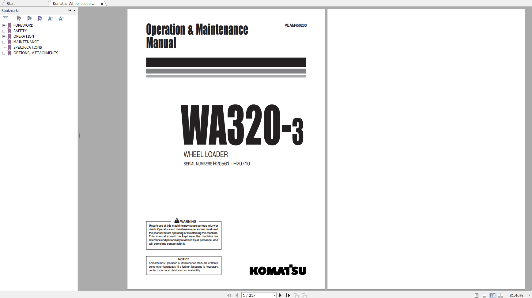 Komatsu Wheel Loader WA320 3 Operation Maintenance Manual VEAM450200 1999