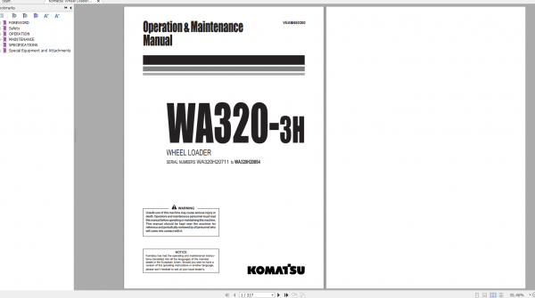 Komatsu Wheel Loader WA320 3 Operation Maintenance Manual VEAM450300 1999