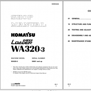 Komatsu Wheel Loader WA320 3 Shop Manual SEBM006006 1997