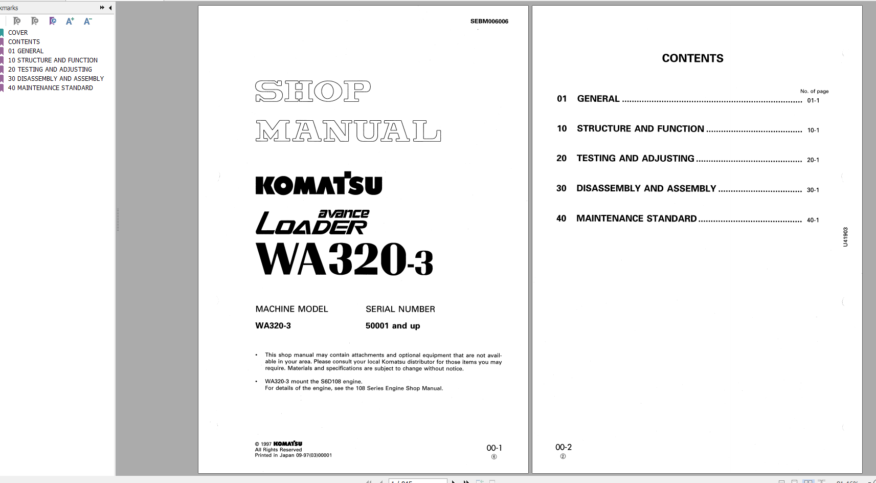 Komatsu Wheel Loader WA320 3 Shop Manual SEBM006006 1997