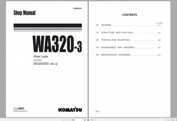 Komatsu Wheel Loader WA320 3 Shop Manual VEBM450104 2000
