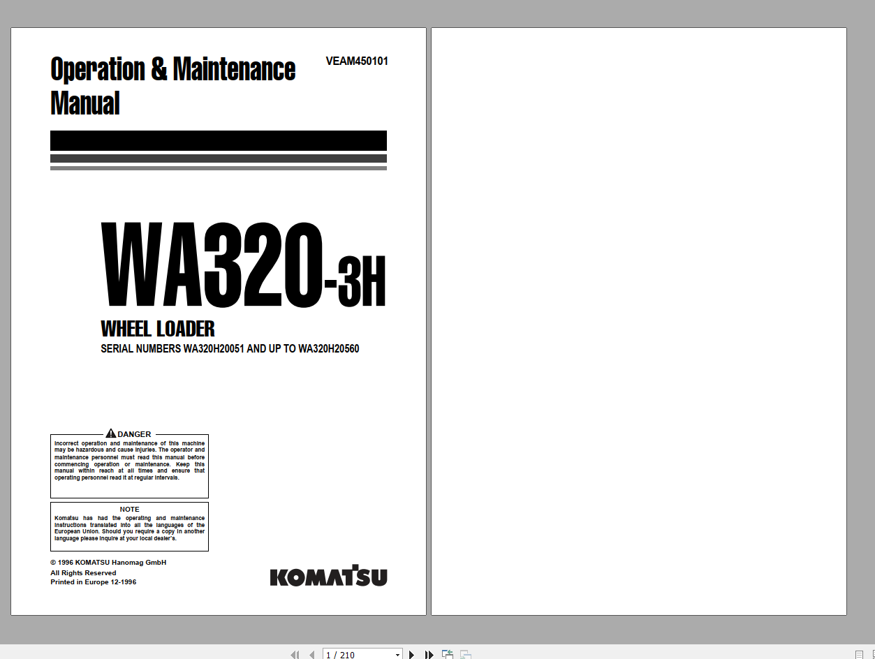 Komatsu Wheel Loader WA320 3H Operation Maintenance Manual VEAM450101 1996